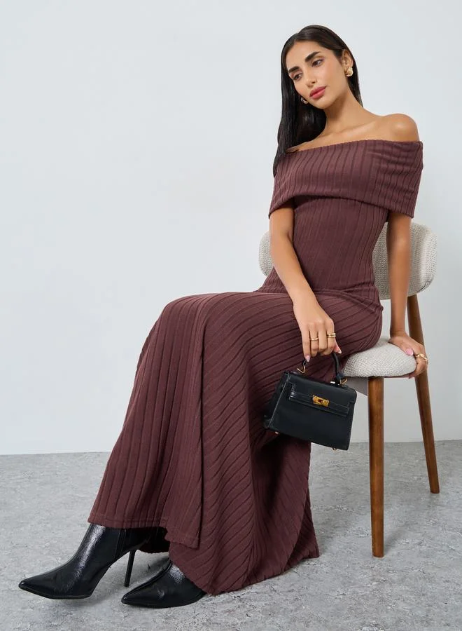 Brown Bardot Neck Ribbed Maxi Dress