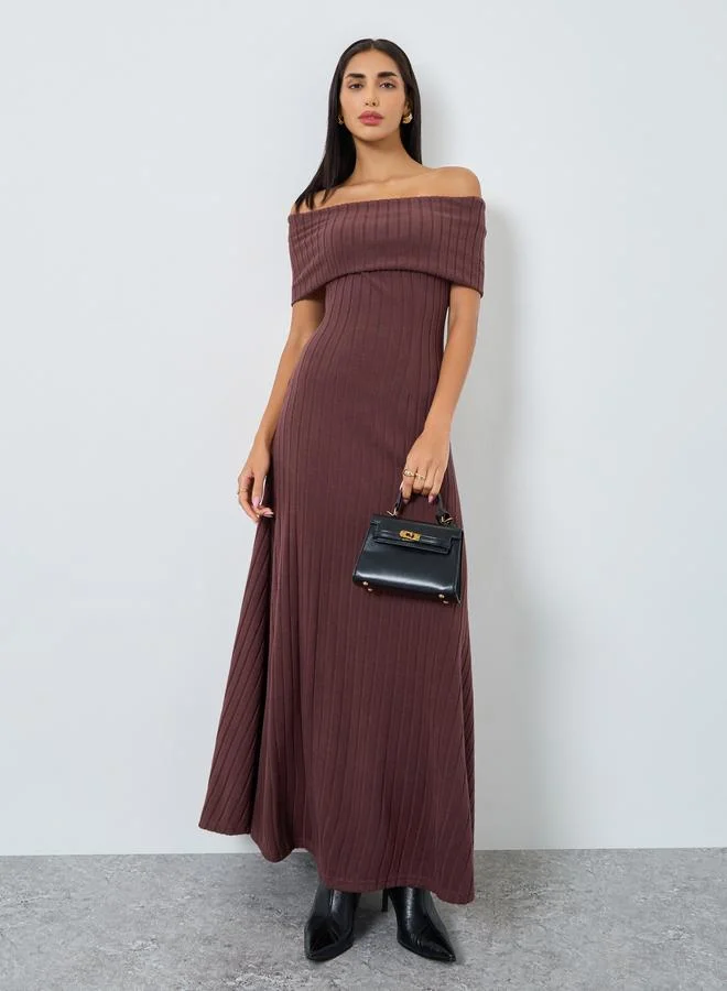 Styli Brown Bardot Neck Ribbed Maxi Dress
