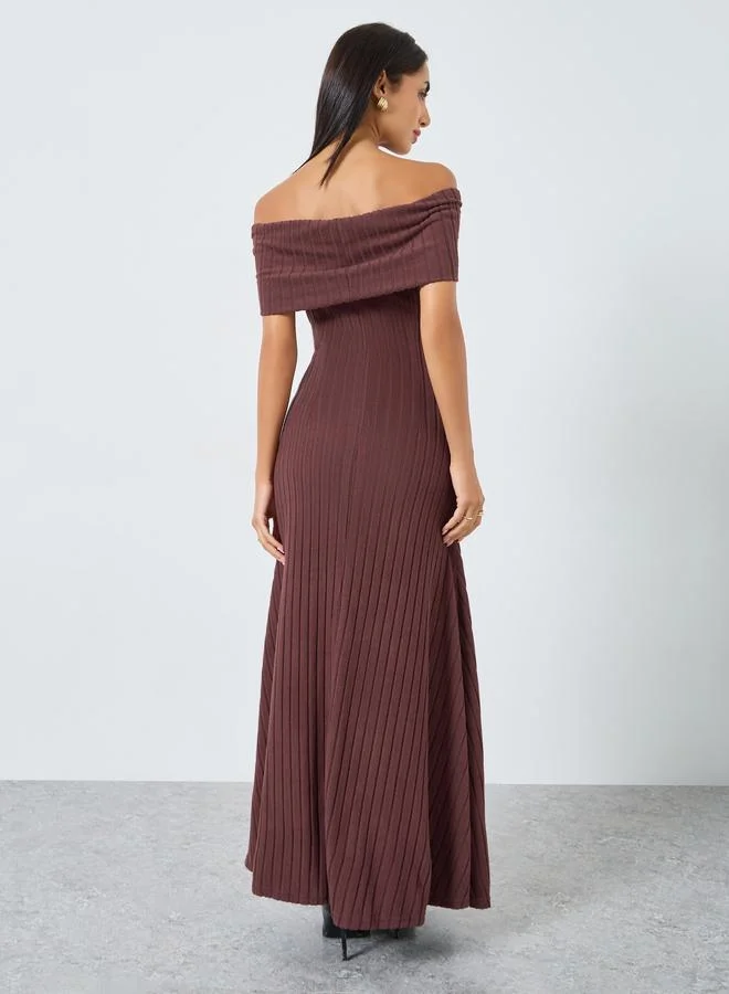 Styli Brown Brown Bardot Neck Ribbed Maxi Dress for Women | Best Price UAE