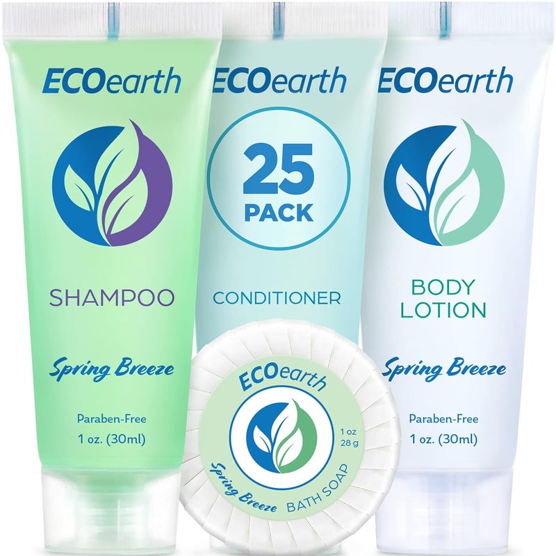 EcoEarth Hotel Toiletries Bundle (Spring Breeze, 1 oz Each, 100 Pieces) 4-Piece Set: 25 Round Bar Soap, 25 Shampoo, 25 Conditioner & 25 Body Lotion - Bulk Mini Guest Amenities