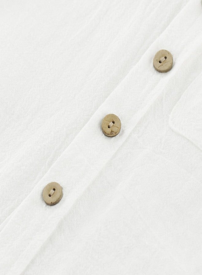 ACESTAR طقم قطن ولين للأطفال الصغار من ولدين مكون من قطعتين، قميص بأكمام قصيرة وزر، وشورتات، شورتات شاطئ، ملابس ربيع وصيف، أبيض، 120/3-4T - Image 4