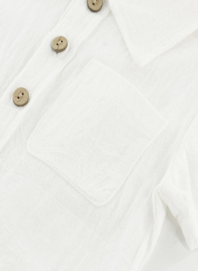 ACESTAR طقم قطن ولين للأطفال الصغار من ولدين مكون من قطعتين، قميص بأكمام قصيرة وزر، وشورتات، شورتات شاطئ، ملابس ربيع وصيف، أبيض، 120/3-4T - Image 3