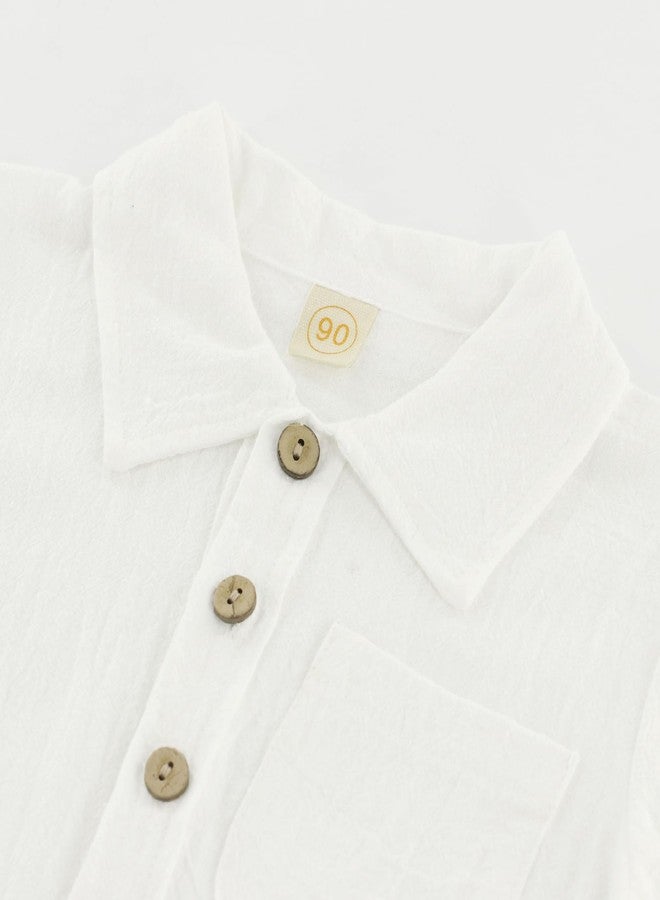 ACESTAR طقم قطن ولين للأطفال الصغار من ولدين مكون من قطعتين، قميص بأكمام قصيرة وزر، وشورتات، شورتات شاطئ، ملابس ربيع وصيف، أبيض، 120/3-4T - Image 2