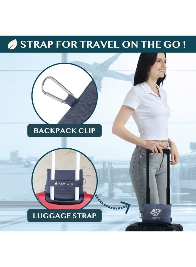 PAVILIA Travel Blanket Compact, Airplane Blanket Packable Bag, Soft Fleece Portable Throw Pillow Combo Set, Plane Flight Car Trips Travel Essentials Gift Accessories, Luggage Backpack Clip, Navy Blue - Image 3