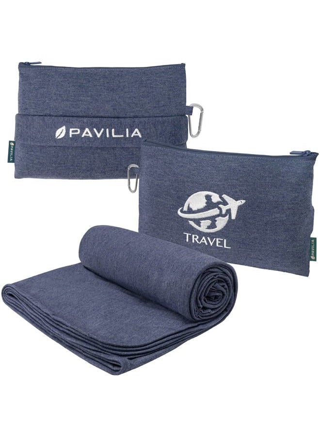 PAVILIA Travel Blanket Compact, Airplane Blanket Packable Bag, Soft Fleece Portable Throw Pillow Combo Set, Plane Flight Car Trips Travel Essentials Gift Accessories, Luggage Backpack Clip, Navy Blue - Image 1