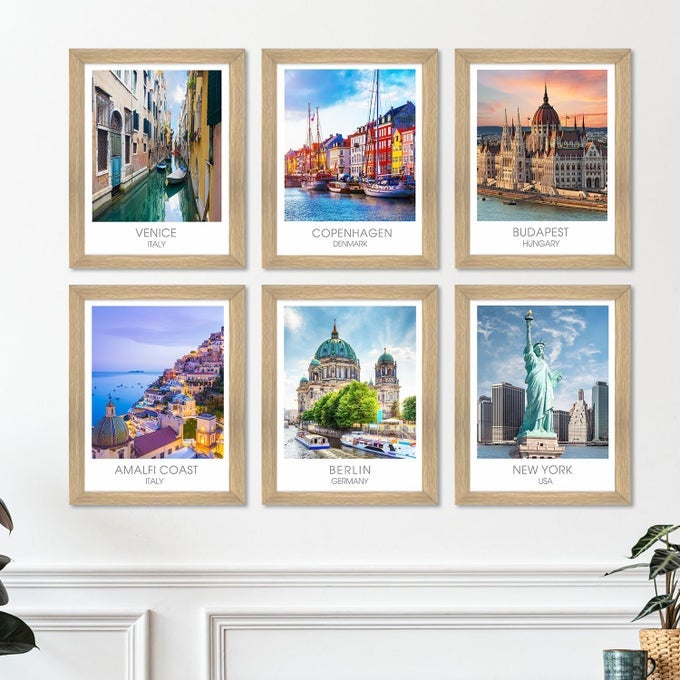 TRAVEL THEME FRAMED WALL DECOR POSTERS WALL ART SET OF 6 NATURAL SHADE FRAMES D