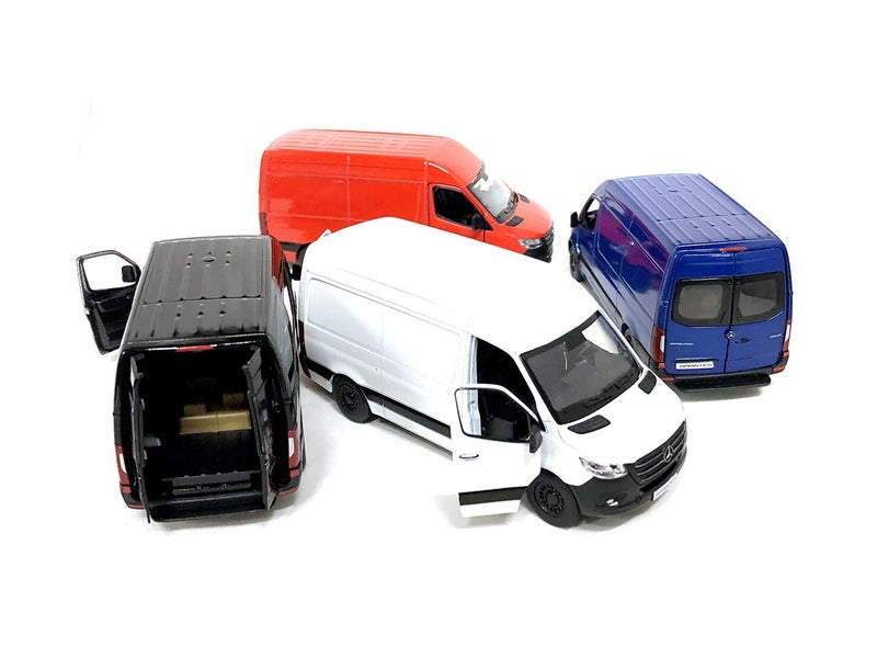 KiNSMART - Mercedes-Benz Sprinter Cargo Van 1:48 O Scale 5" Die Cast Metal Model Toy Van, Pull-Back Action (4 Set)