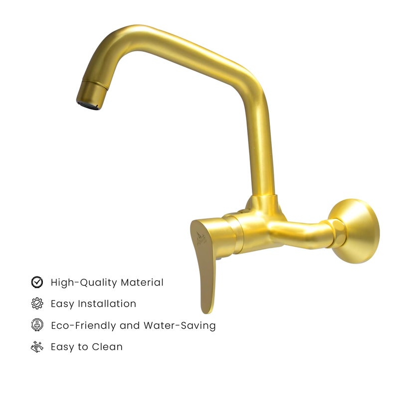 D&B Italian Bath Solution DB Bathware Lazzaro Full Brass Antique Brushed Gold Matt Finish Wall Mounted Kitchen Sink Mixer Tap Sink Faucet Long Pipe Kitchen Water Tap with 360 Degree Swivel Spout 5 Year Warranty - Image 2