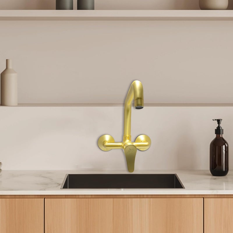 D&B Italian Bath Solution DB Bathware Lazzaro Full Brass Antique Brushed Gold Matt Finish Wall Mounted Kitchen Sink Mixer Tap Sink Faucet Long Pipe Kitchen Water Tap with 360 Degree Swivel Spout 5 Year Warranty - Image 3