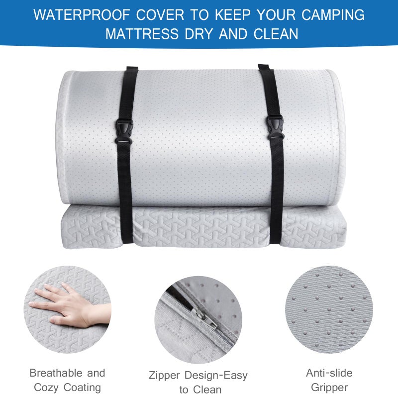 Coldwind Memory Foam Camping Mattress Pad 3 Inch Thick, Portable Sleeping Pad with Waterproof Cover, Portable Roll Up Cot Mattress Pad Floor Mat for Travel Truck Bed Tent 72" x 24"x 3" - Image 2