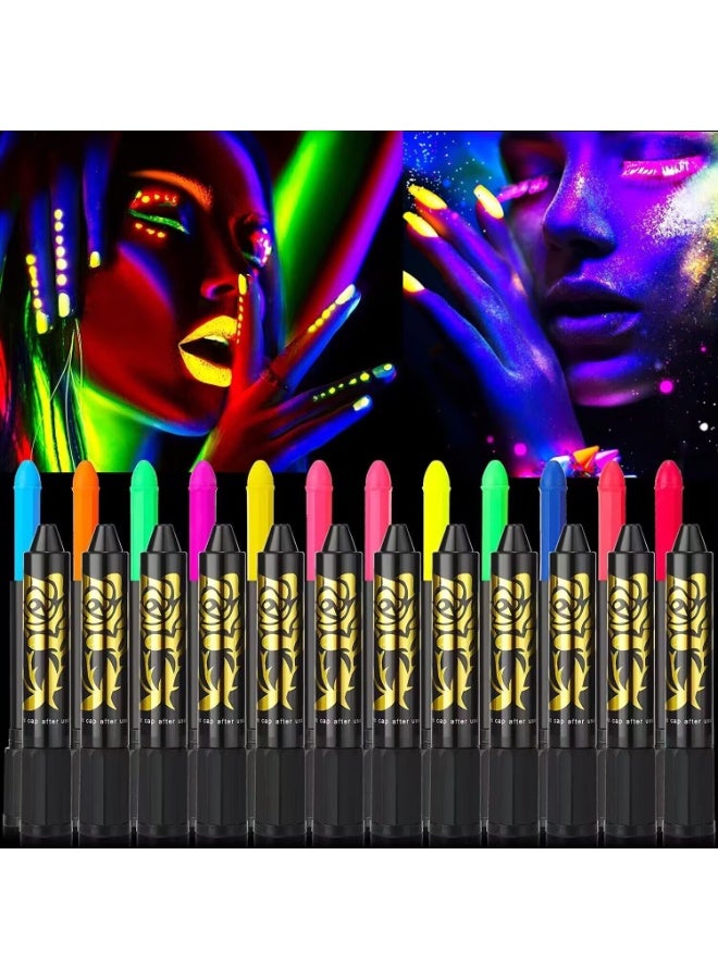 12 PCS Glow Face Body Paint, Glow In The Dark Under UV Black Light Sticks Makeup Neon Face Painting Kits for Adult Halloween Festival Accessory Glow Party Supplies - Image 1