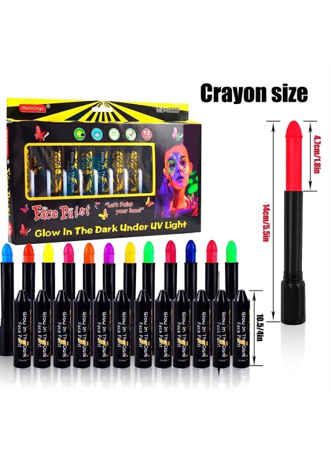 12 PCS Glow Face Body Paint, Glow In The Dark Under UV Black Light Sticks Makeup Neon Face Painting Kits for Adult Halloween Festival Accessory Glow Party Supplies - Image 3