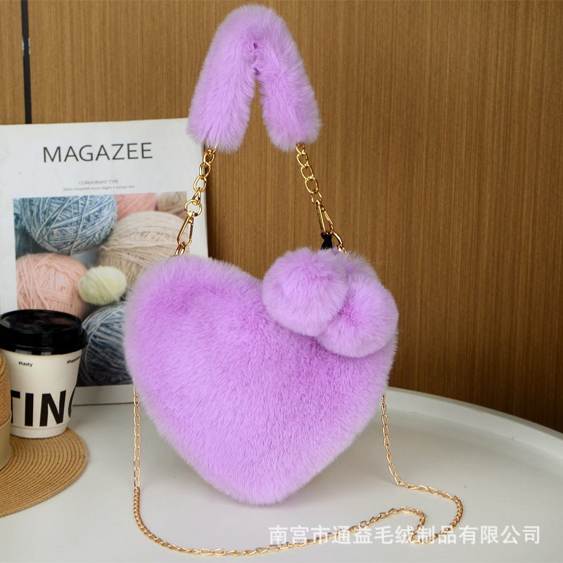 New Korean Style Fluffy Bag Fashion Love Bag Autumn and Winter All-match Shoulder Crossbody Bag Love Hand Coin Purse Taro color - Image 1