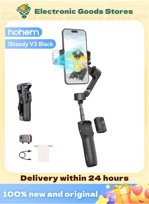 hohem iSteady V3 Gimbal Stabilizer for Smartphone, AI Tracker Fill Light,Detached Remote,Built-in Tripod Extension Rod,2024 Upgraded 3-Axis Phone Gimbal Foldable Stabilizer for iPhone Android(Black)