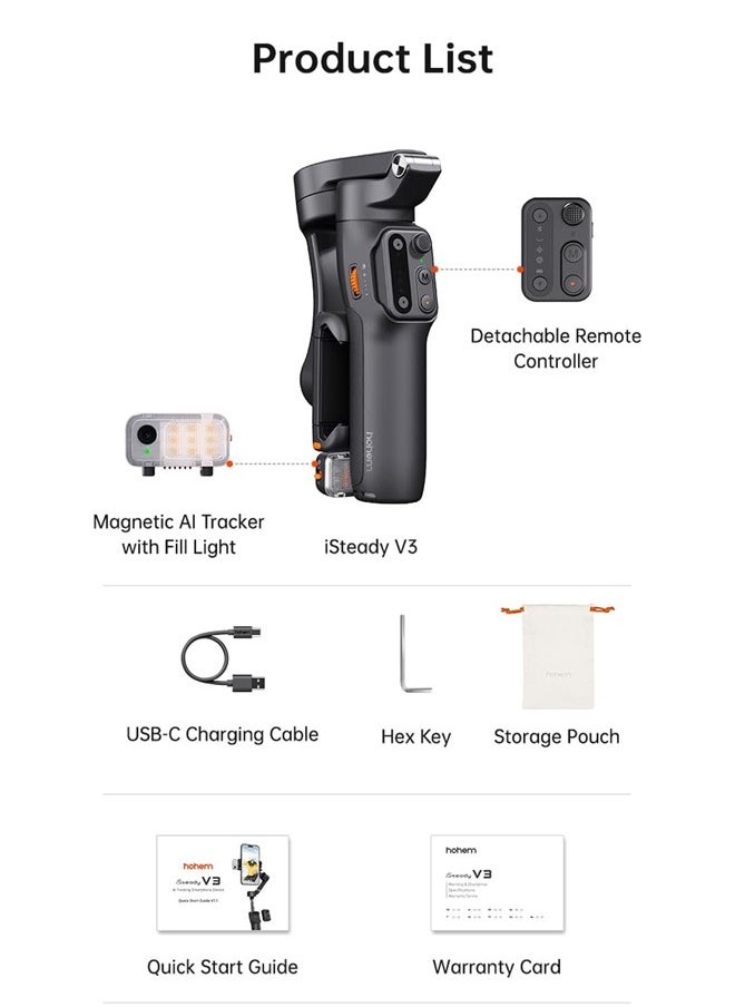 hohem - hohem iSteady V3 Gimbal Stabilizer for Smartphone, AI Tracker Fill Light,Detached Remote,Built-in Tripod Extension Rod,2024 Upgraded 3-Axis Phone Gimbal Foldable Stabilizer for iPhone Android(Black) - Image 1