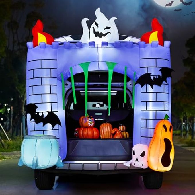 Joiedomi 6 ft Halloween Inflatable Outdoor Decorations, Trunk or Treat Car Decorations, Halloween Blow Ups Haunted Castle with Build-in LEDs, Inflatable Pumpkin and Ghost for Outside Decor - Image 1