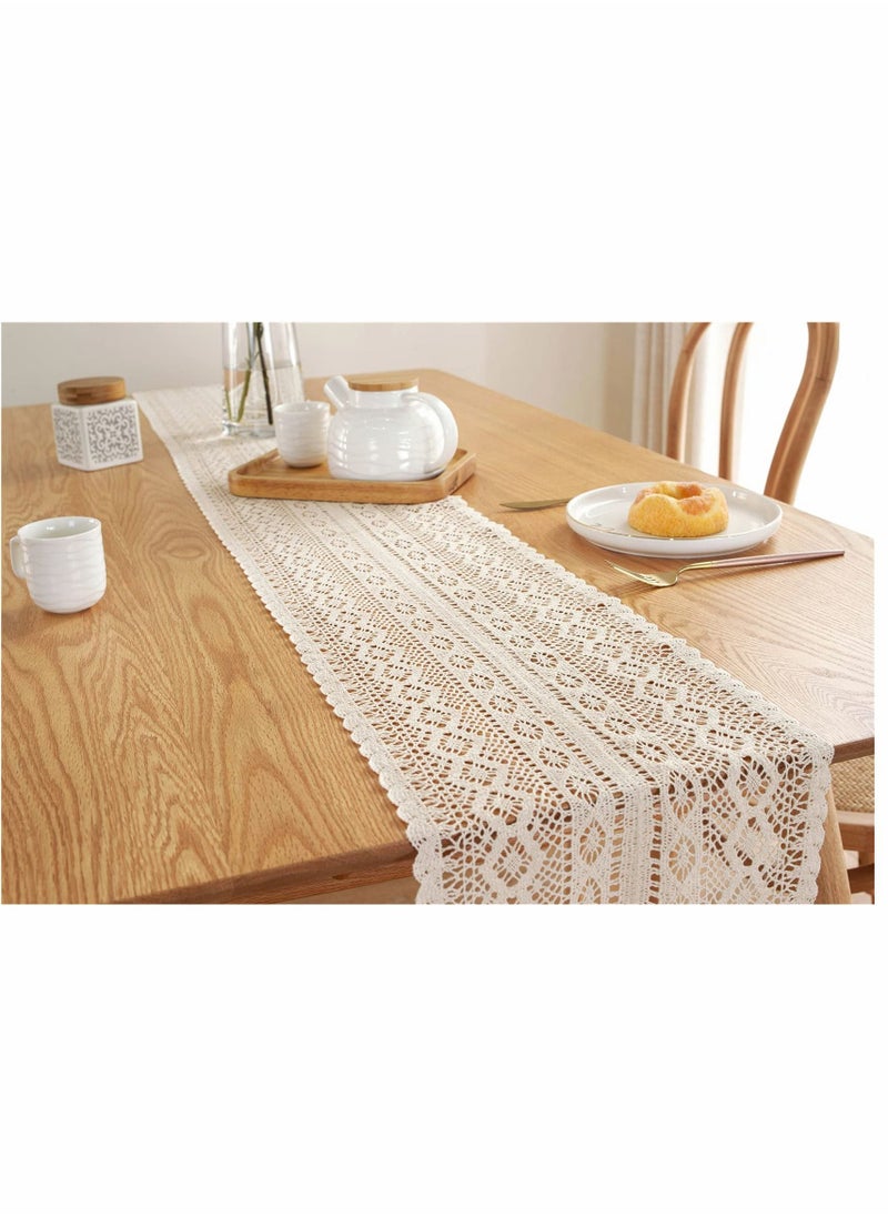 SYOSI - 90 Inch Boho Beige Table Runner, Vintage Farmhouse Bohemian Crochet Macrame Table Runner for Wedding Party Coffee Dining Table Decor - Image 1