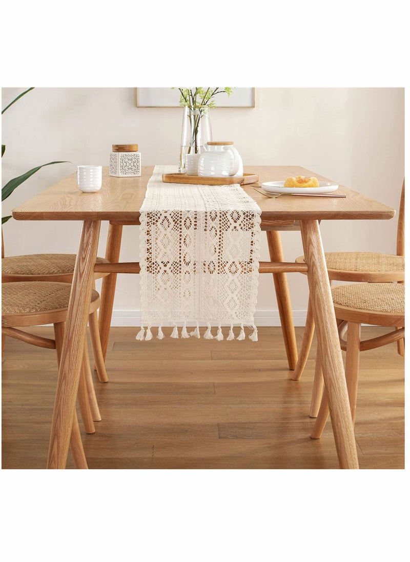 SYOSI - 90 Inch Boho Beige Table Runner, Vintage Farmhouse Bohemian Crochet Macrame Table Runner for Wedding Party Coffee Dining Table Decor - Image 1