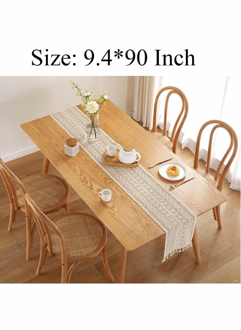 SYOSI - 90 Inch Boho Beige Table Runner, Vintage Farmhouse Bohemian Crochet Macrame Table Runner for Wedding Party Coffee Dining Table Decor - Image 1