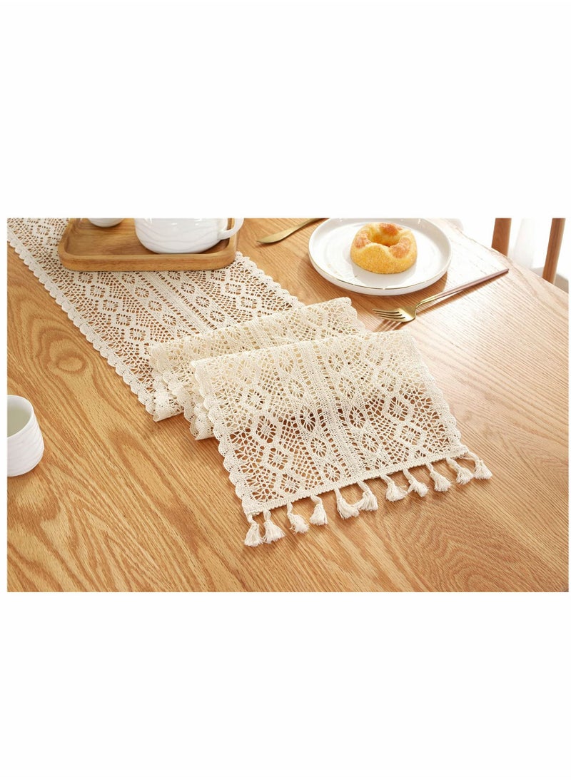SYOSI - 90 Inch Boho Beige Table Runner, Vintage Farmhouse Bohemian Crochet Macrame Table Runner for Wedding Party Coffee Dining Table Decor - Image 1