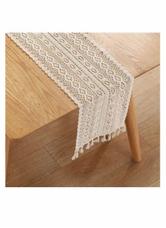 90 Inch Boho Beige Table Runner, Vintage Farmhouse Bohemian Crochet Macrame Table Runner for Wedding Party Coffee Dining Table Decor