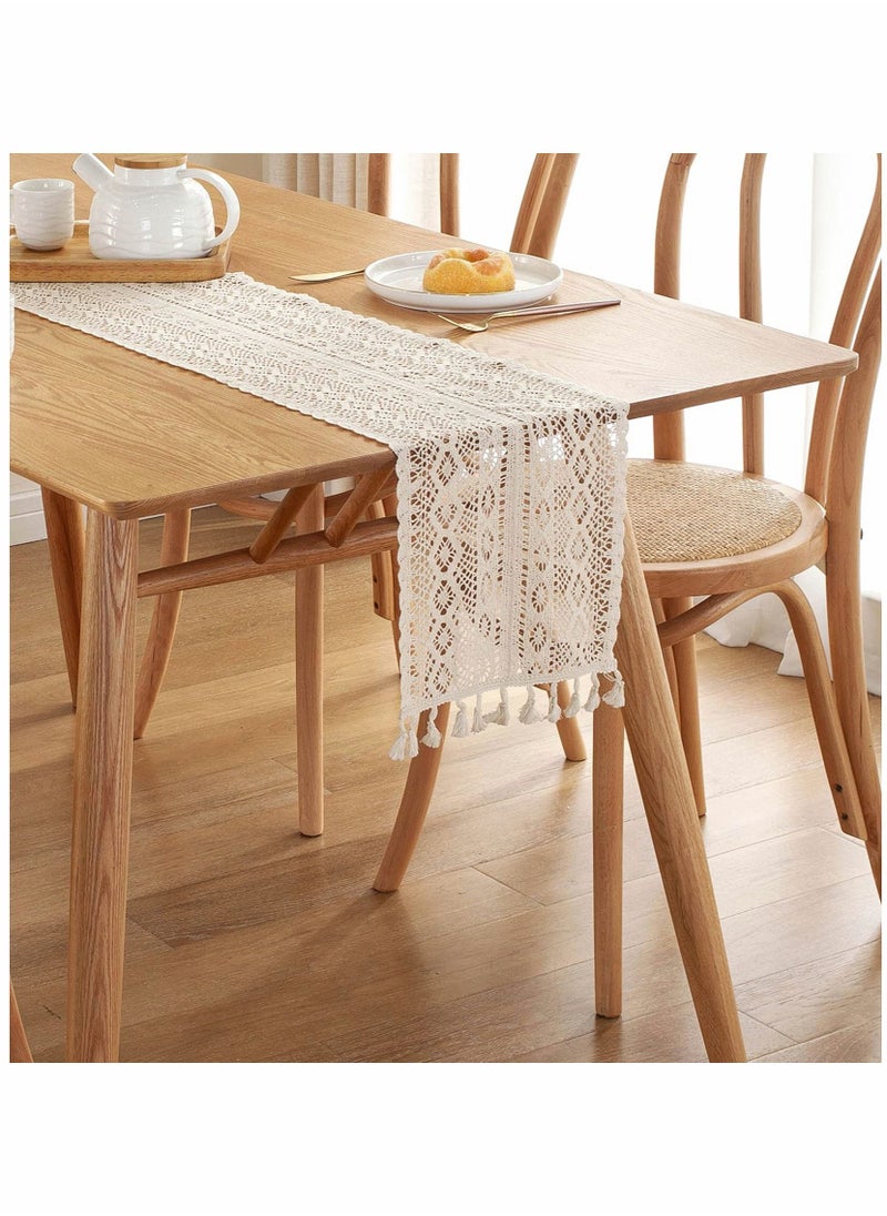 SYOSI - 90 Inch Boho Beige Table Runner, Vintage Farmhouse Bohemian Crochet Macrame Table Runner for Wedding Party Coffee Dining Table Decor - Image 1