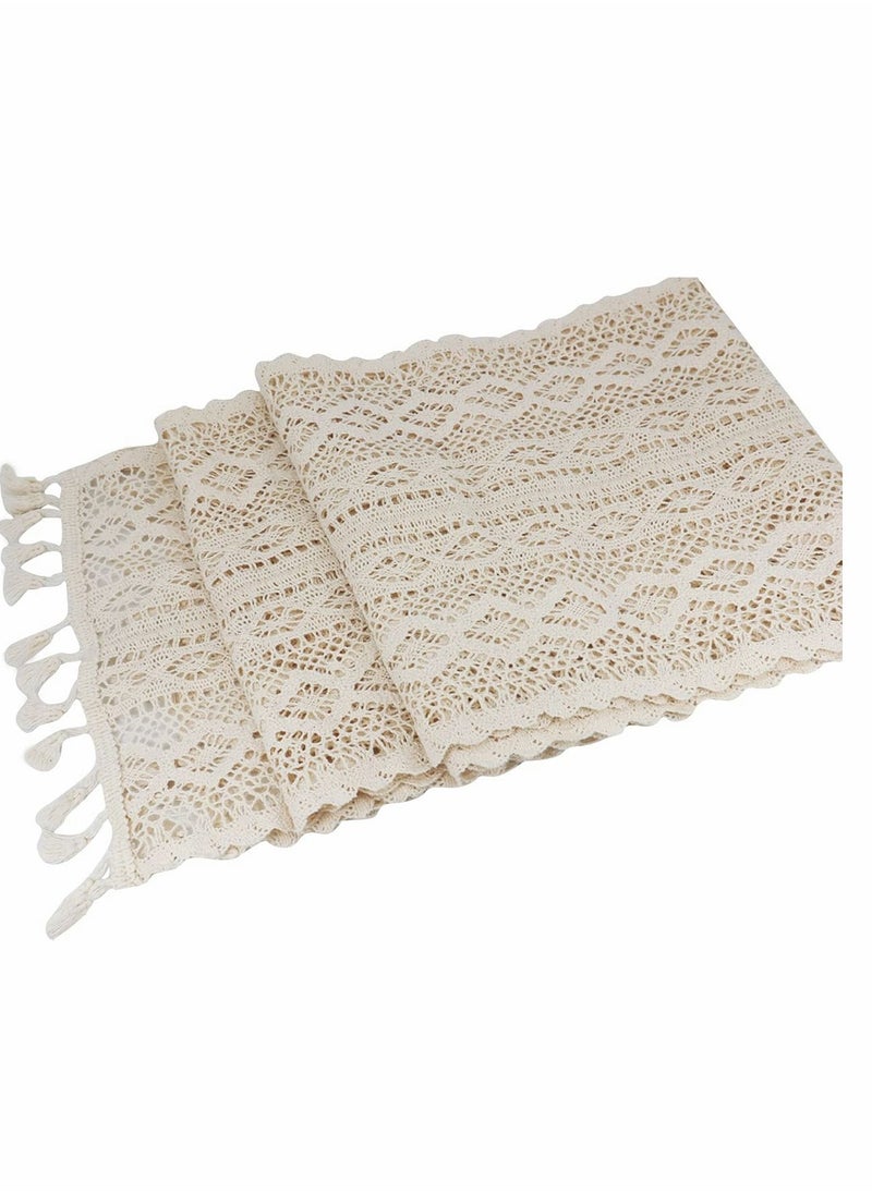 SYOSI - 90 Inch Boho Beige Table Runner, Vintage Farmhouse Bohemian Crochet Macrame Table Runner for Wedding Party Coffee Dining Table Decor - Image 1