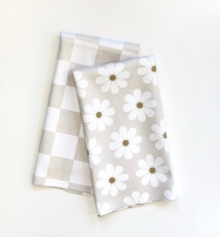 Trig Kitchen Towel. Tea Towel. Dish Cloth. Double Sided Design. Quick Dry Waffle Weave Microfiber. Highly Absorbent. Designer Prints. Modern. 2 Pack. Daisy - Image 1
