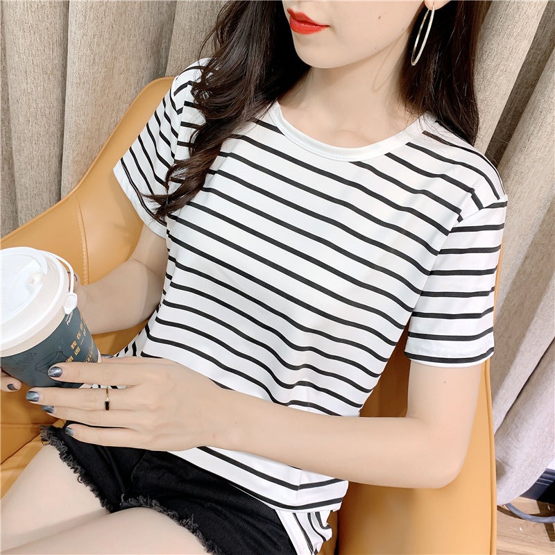 Womens Short-sleeved Spring and Summer Clothes Korean Style Student Slim-fit Striped T-shirt Round Neck Pullover Casual Base Shirt Blank Light Plate Picture Color 
