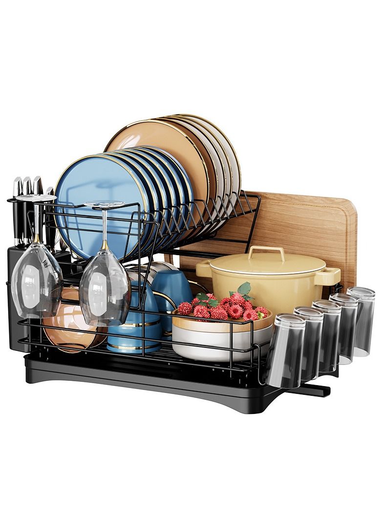 Arabest Dish Drying Rack with Drainboard Set Stainless Steel 2 Tier Dish Rack Large Dish Drainers with Drainage With Removable Cutting Board Holder Utensil Holder and Cup Holder Baking New （Black） - Image 1