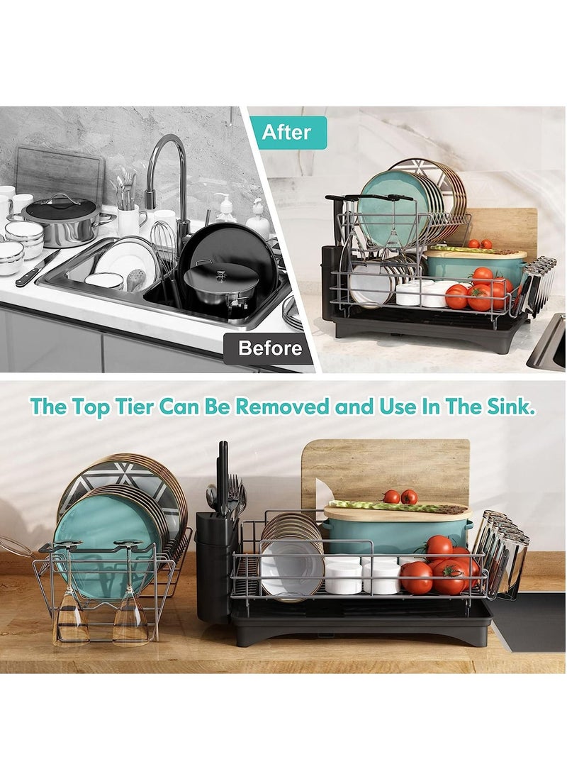 Arabest Dish Drying Rack with Drainboard Set Stainless Steel 2 Tier Dish Rack Large Dish Drainers with Drainage With Removable Cutting Board Holder Utensil Holder and Cup Holder Baking New （Black） - Image 5