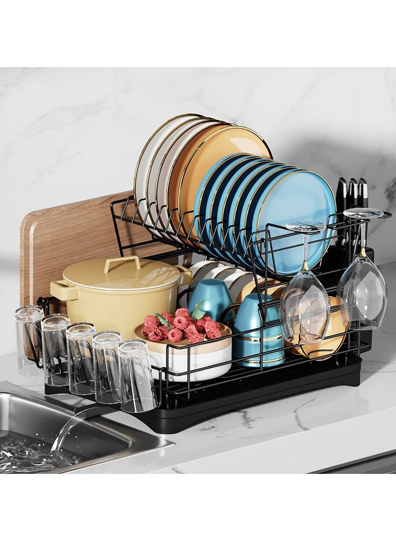 Arabest Dish Drying Rack with Drainboard Set Stainless Steel 2 Tier Dish Rack Large Dish Drainers with Drainage With Removable Cutting Board Holder Utensil Holder and Cup Holder Baking New （Black） - Image 2