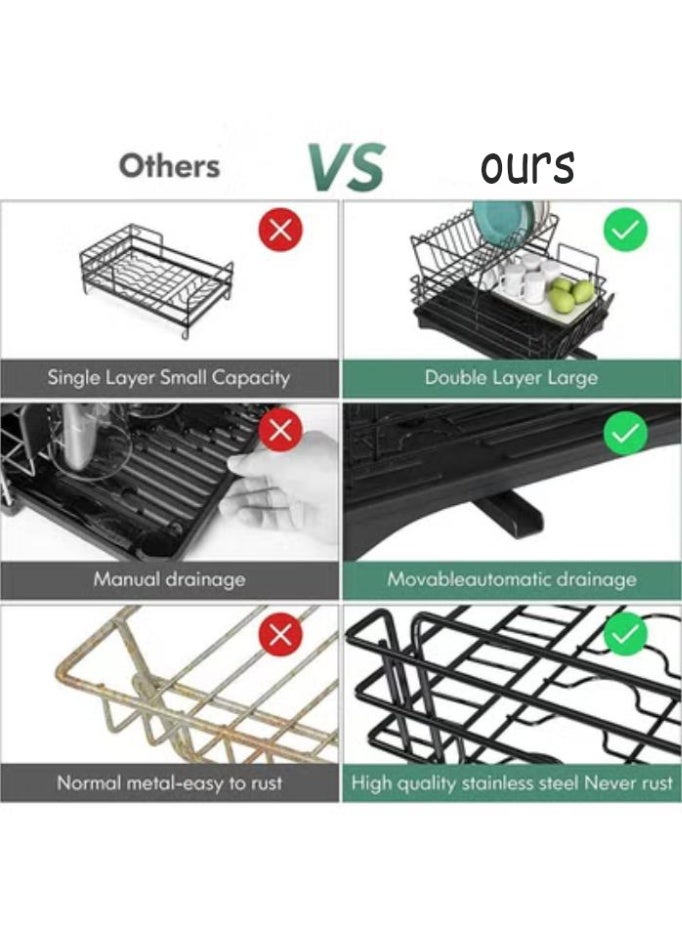 Arabest Dish Drying Rack with Drainboard Set Stainless Steel 2 Tier Dish Rack Large Dish Drainers with Drainage With Removable Cutting Board Holder Utensil Holder and Cup Holder Baking New （Black） - Image 4
