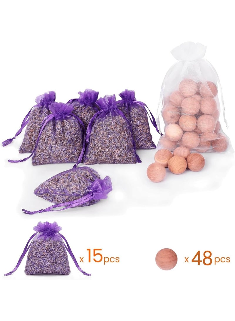 Cedar Blocks for Clothes Storage, 48 Cedar Balls and 15 Lavender Sachet Bags, Fresh Scents Home Fragrance Sachets for Drawers and Closets, Pack of 17 - Image 2