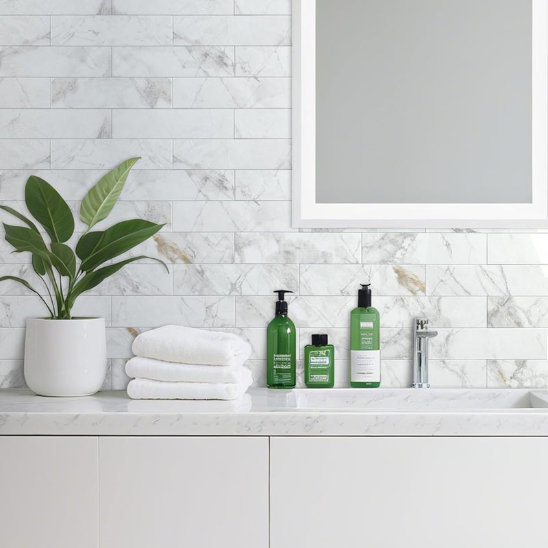 AULIGET 40-Piece Polished White Marble Peel and Stick Backsplash Wall Tiles, 3" x 12" PVC Faux Stone Stick on Tiles for Backsplash Kitchen, Bathroom, Laundry Room, Camper, Fireplace - Image 4