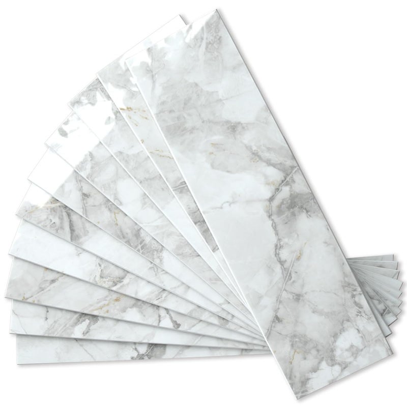 AULIGET 40-Piece Polished White Marble Peel and Stick Backsplash Wall Tiles, 3" x 12" PVC Faux Stone Stick on Tiles for Backsplash Kitchen, Bathroom, Laundry Room, Camper, Fireplace - Image 1