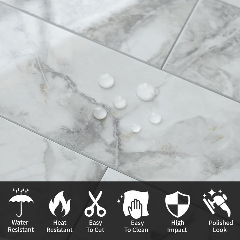 AULIGET 40-Piece Polished White Marble Peel and Stick Backsplash Wall Tiles, 3" x 12" PVC Faux Stone Stick on Tiles for Backsplash Kitchen, Bathroom, Laundry Room, Camper, Fireplace - Image 3