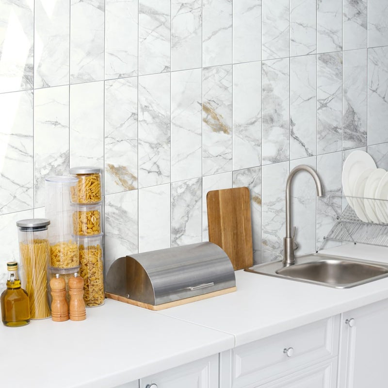 AULIGET 40-Piece Polished White Marble Peel and Stick Backsplash Wall Tiles, 3" x 12" PVC Faux Stone Stick on Tiles for Backsplash Kitchen, Bathroom, Laundry Room, Camper, Fireplace - Image 5