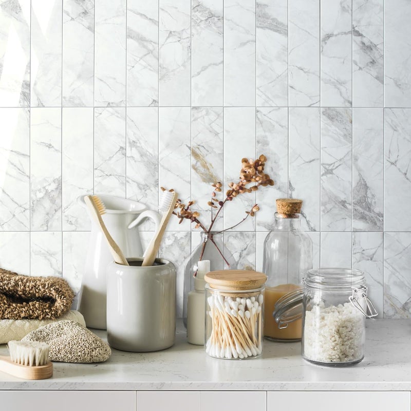 AULIGET 40-Piece Polished White Marble Peel and Stick Backsplash Wall Tiles, 3" x 12" PVC Faux Stone Stick on Tiles for Backsplash Kitchen, Bathroom, Laundry Room, Camper, Fireplace - Image 2