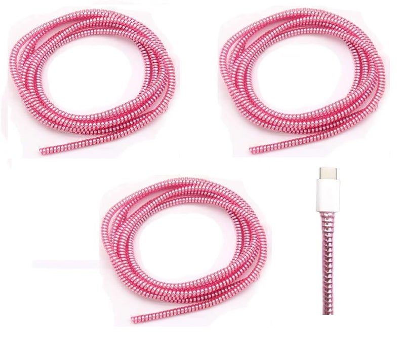LOOPRED Cable Protector, Metallic Spiral Wire Organizer, 150 cm Plastic Cord Management for iPhone and Android Charging Cables (Pink Pack 3) - Image 1