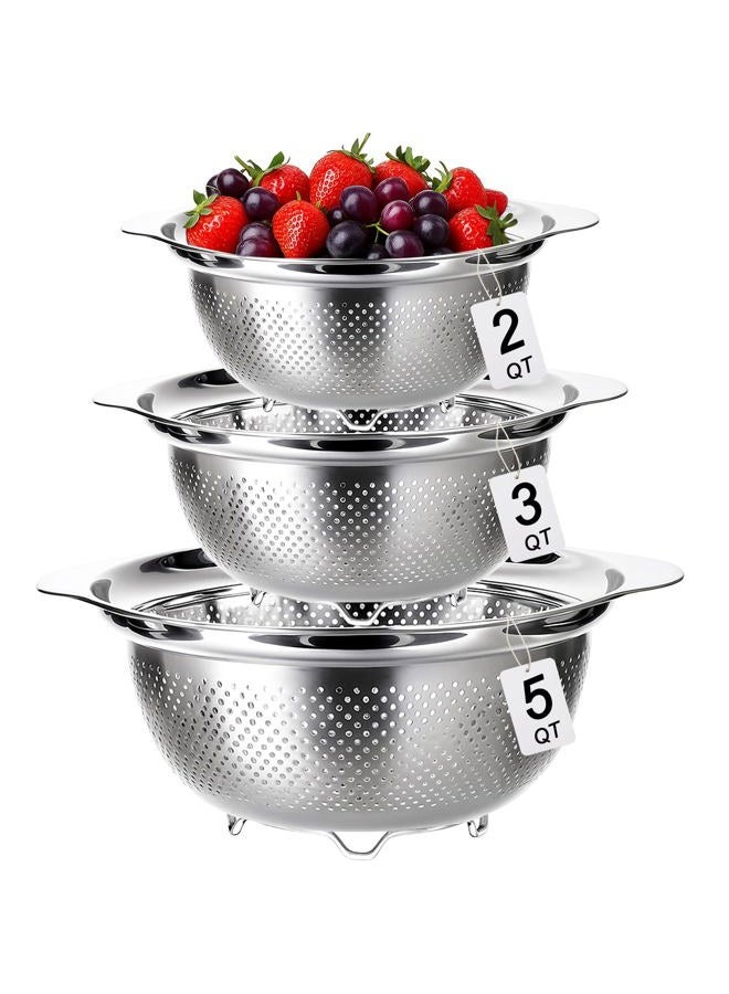 Tinsky 3 Pcs Stainless Steel Colander Strainer Set Metal Colander for Kitchen Pasta Strainer for Rice Food Fruits Spaghetti Vegetables (2QT, 3QT, 5QT) - Image 1