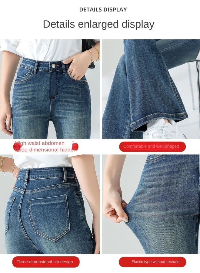 هابي سراويل الجينز الواسعة من الأسفل والمبطنة بالفرو للنساء، طراز جديد للخريف والشتاء، سراويل ضيقة عالية الخصر وقاع جرس للنساء القصيرات - Image 2