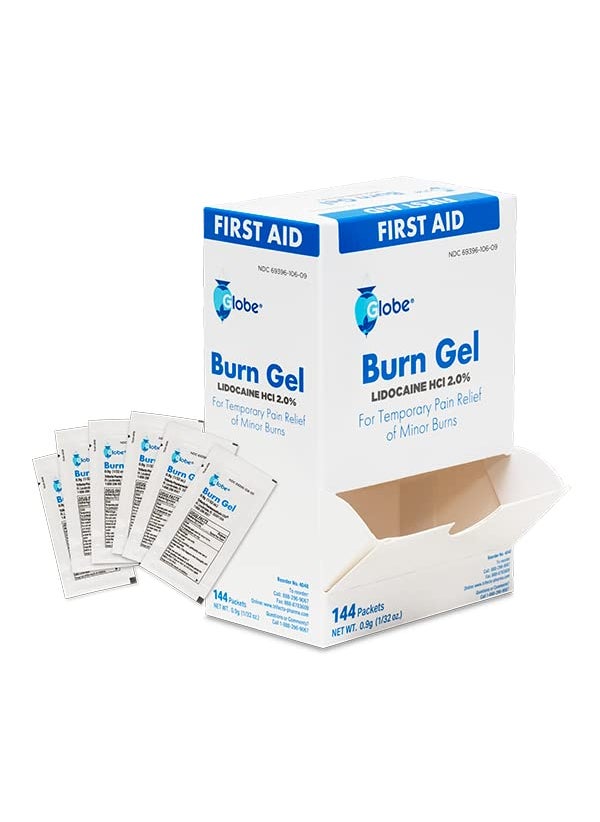 Globe Globe First Aid Burn Gel with Aloe 0.9g Packets, (Box of 144) Advanced First Aid Gel for Temporary Relief of Minor Burns, Cuts, and Scrapes 