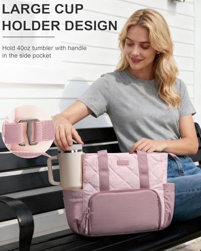 Bagstellar Puffer Lunch Tote Bag for Women, 15.6 Inch Laptop Work Bag with Insulated Lunch Compartment & Large Cup Holder, Lightweight Quilted Puffy Lunch Box Purse for Teacher Nurse Travel Office Daily School - Image 5