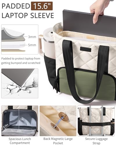 Bagstellar Puffer Lunch Tote Bag for Women, 15.6 Inch Laptop Work Bag with Insulated Lunch Compartment & Large Cup Holder, Lightweight Quilted Puffy Lunch Box Purse for Teacher Nurse Travel Office Daily School - Image 4
