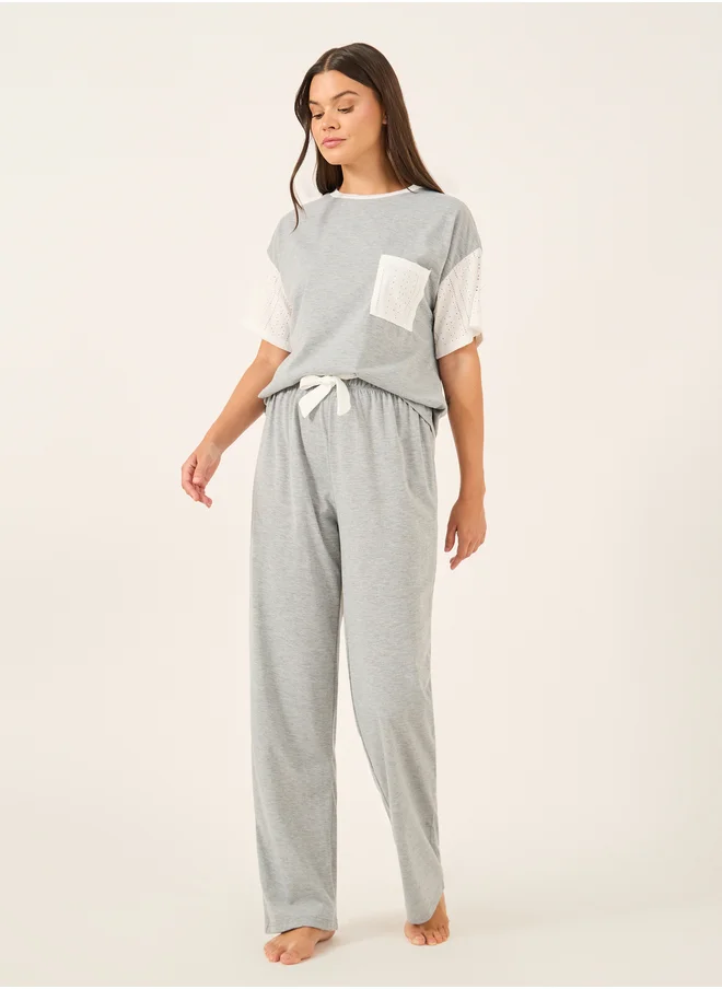 Styli Schiffli Sleeve Round Neck T-Shirt and Pyjama Set