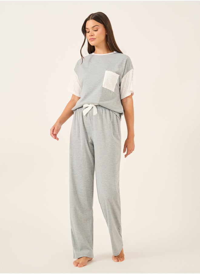 Styli Schiffli Sleeve Round Neck T-Shirt and Pyjama Set  - Image 2