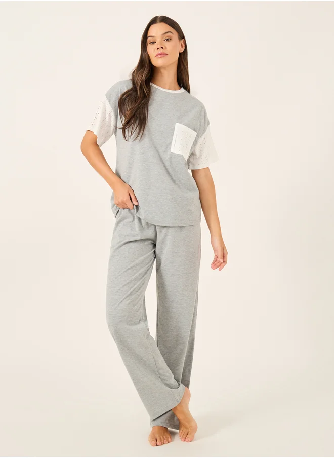 Styli Schiffli Sleeve Round Neck T-Shirt and Pyjama Set