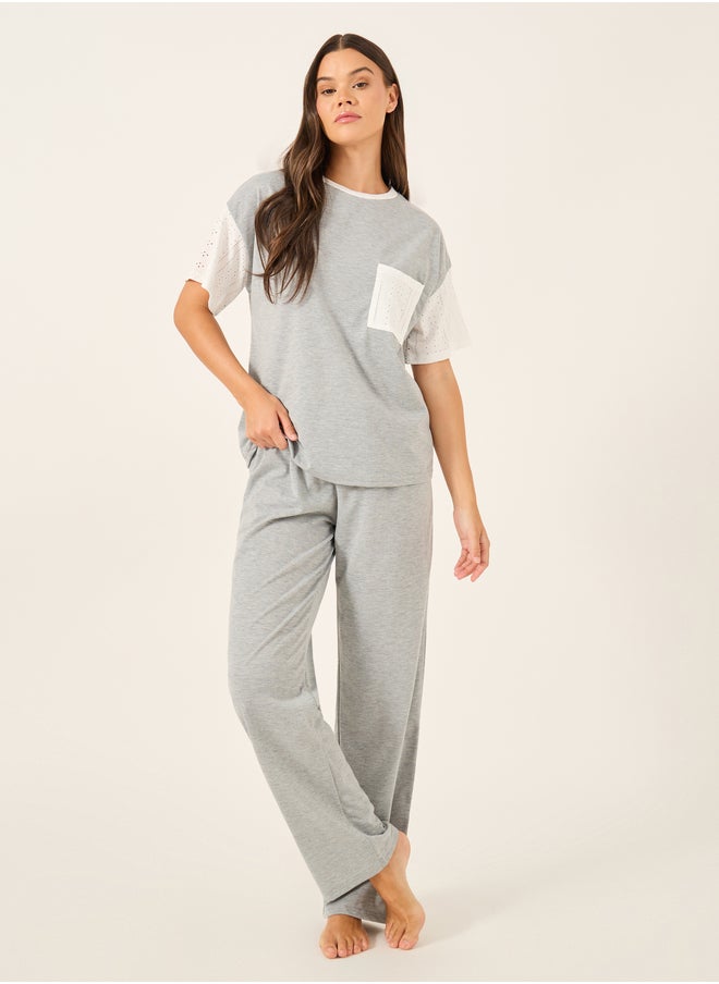 Styli Schiffli Sleeve Round Neck T-Shirt and Pyjama Set  - Image 1