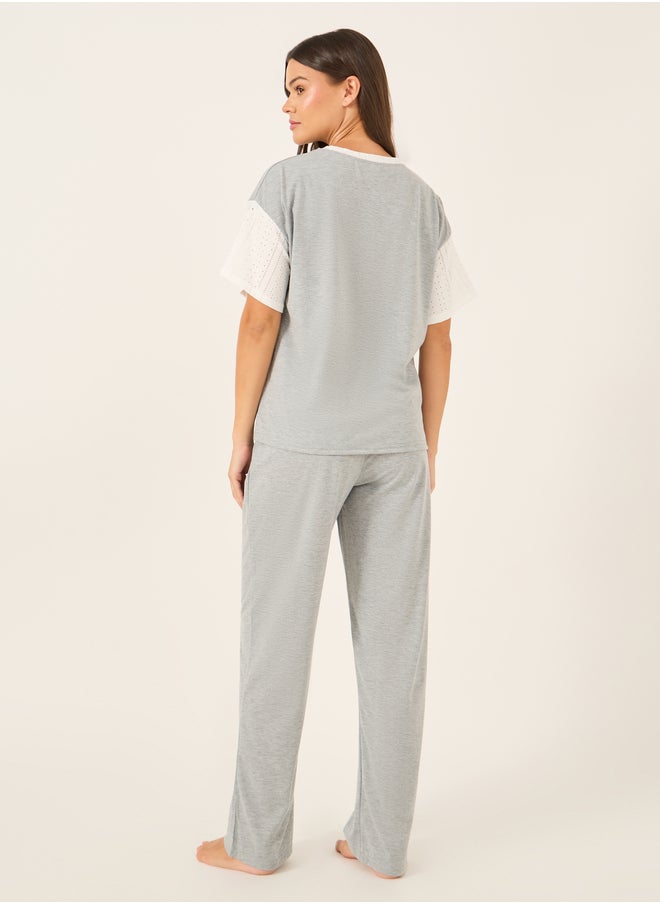 Styli Schiffli Sleeve Round Neck T-Shirt and Pyjama Set  - Image 5